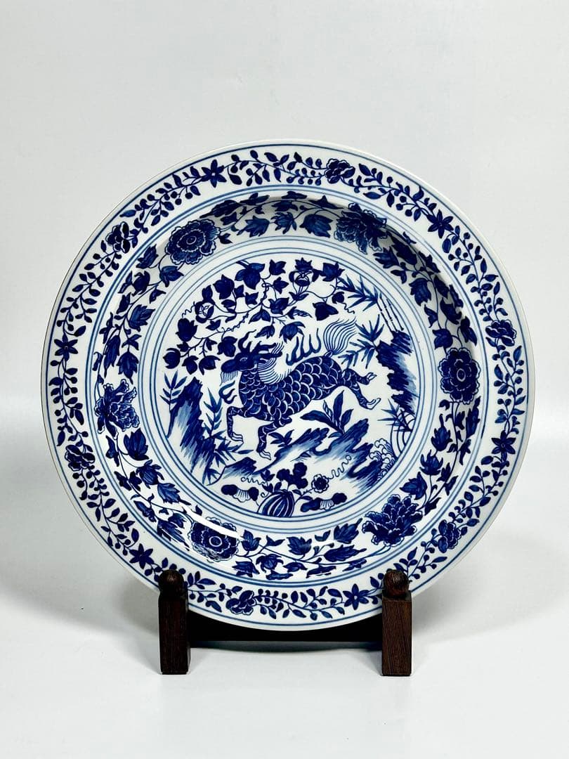 倣元青花麒麟文皿 景徳鎮 謝本貴 名人作品 中国磁器 青華 青花