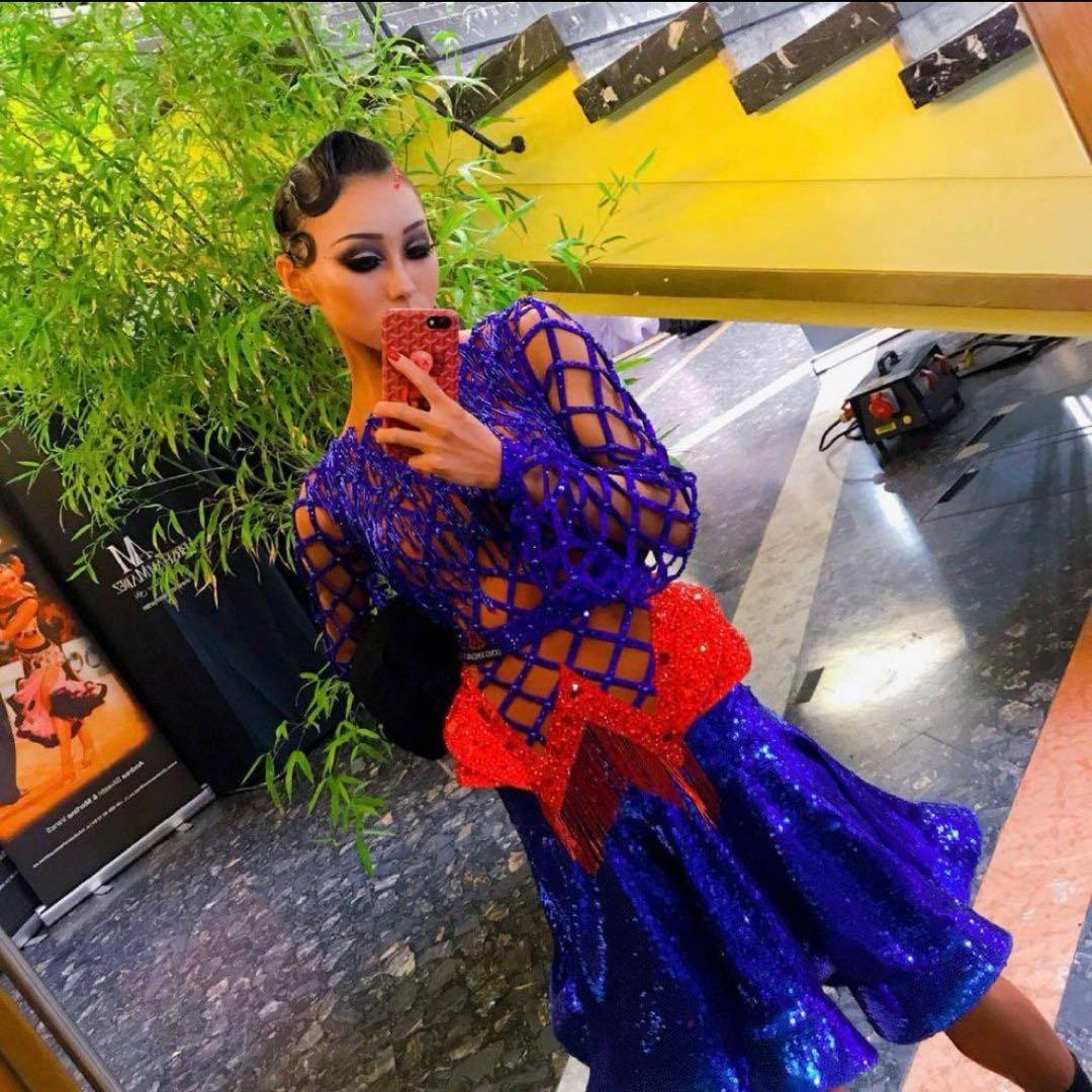 社交ダンスドレス 青 赤 フリンジ付き　ラテンドレス