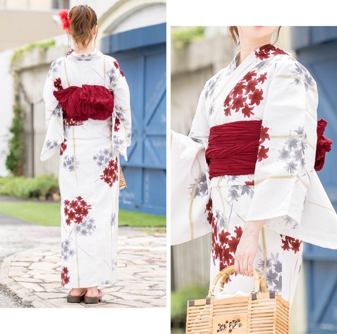 浴衣・帯・下駄3点セット　赤　白　グレー　つつじ　花柄