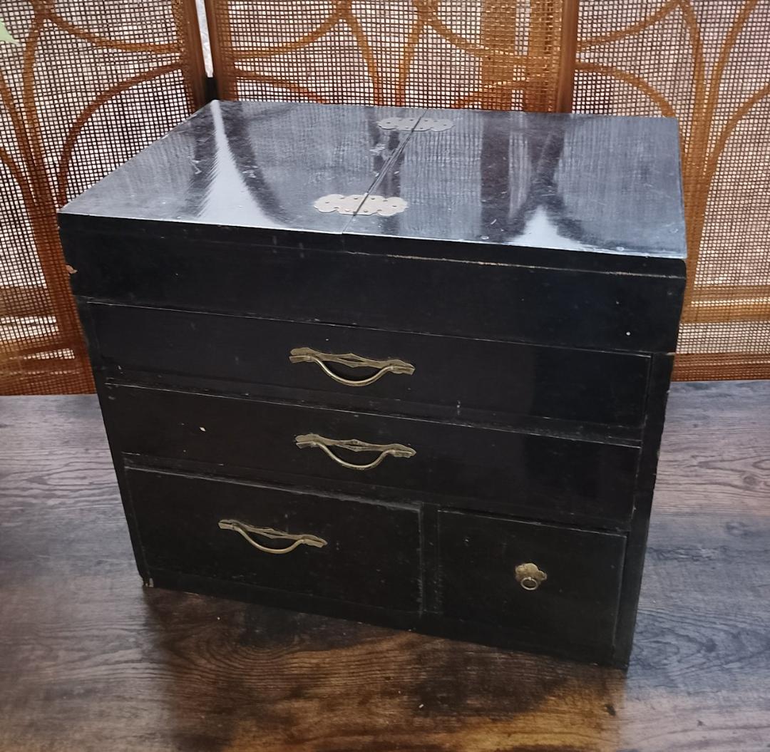 古道具 黒漆塗 鏡台 化粧箱 引き出し付き 真鍮金具 昭和レトロ 和家具