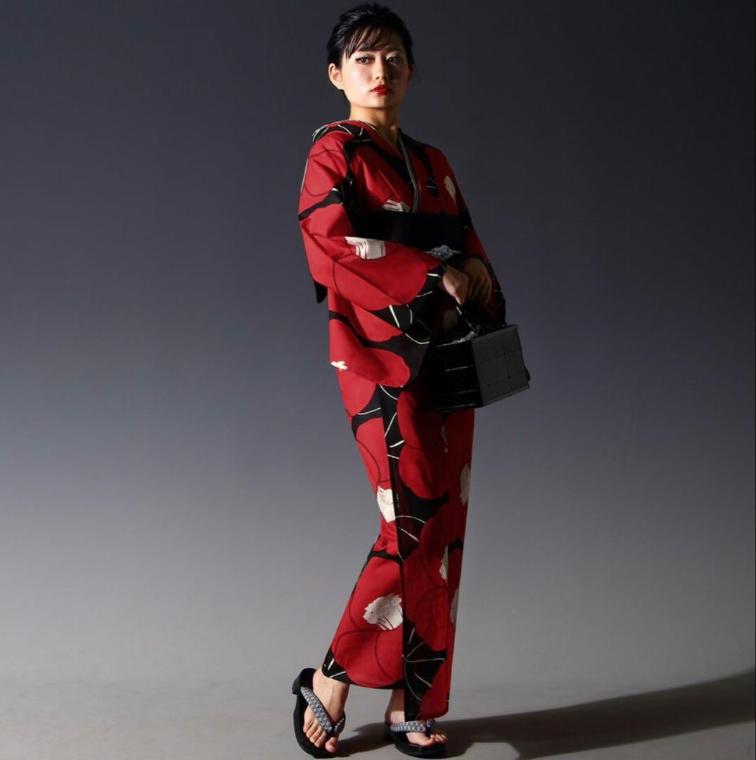 浴衣 2点セットモダン レディース フリーサイズ セット 古典 椿 赤 黒