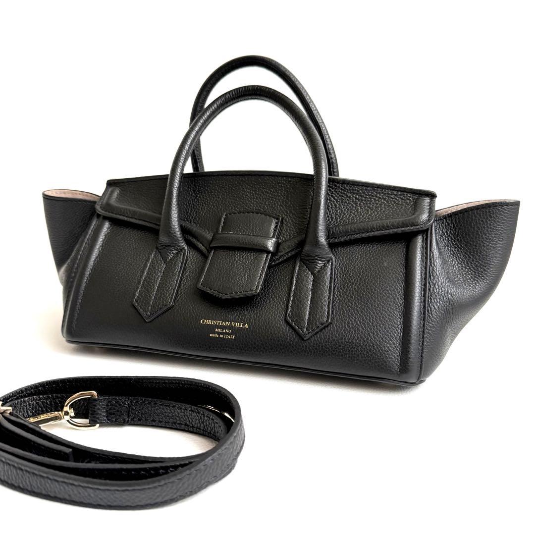 美品 CHRISTIAN VILLA 2WAYレザーワイドハンドバッグ