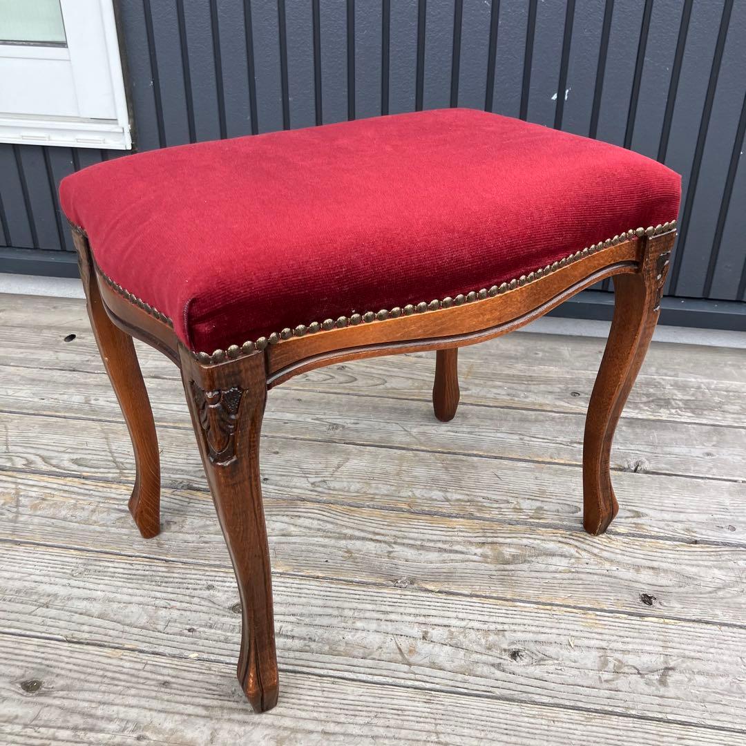 アンティーク 北欧レトロ 木製椅子 猫脚スツール ベロアチェア リベット打ち 鋲