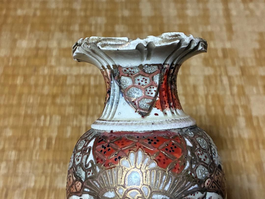 明治期 薩摩焼 金彩 色絵 人物紋 花入 時代物 印あり 箱入