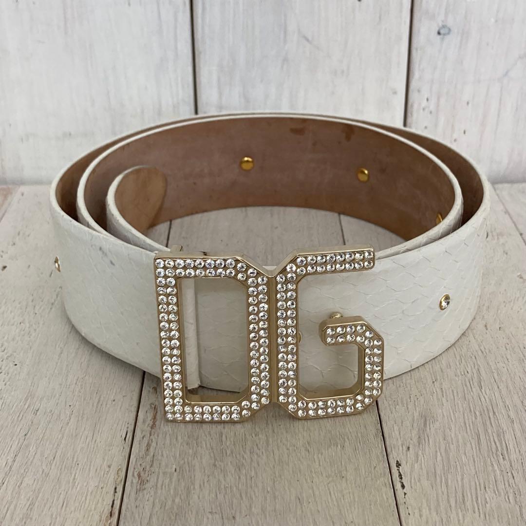 D&G ドルチェ＆ガッバーナ ベルト レザー ラインストーンロゴ ホワイト