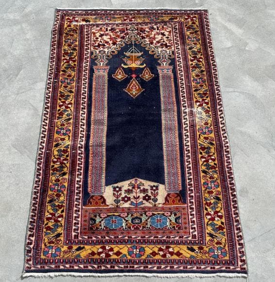 トルコ製ヴィンテージラグ838レア 高級 カイセリ ネイビー イエロー ピンク