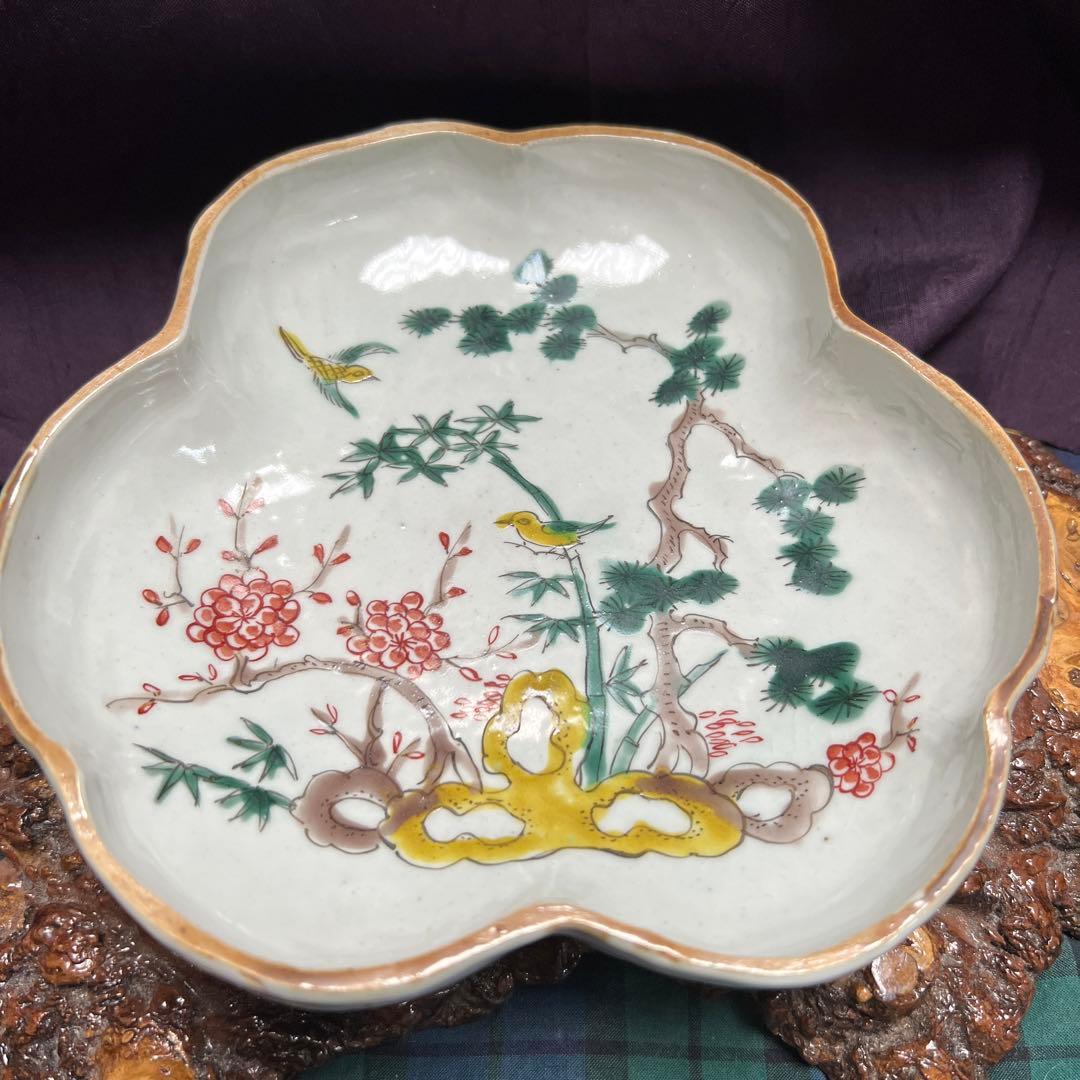 古九谷五彩手花鳥松竹文口紅　手捻り　柿右衛様式　江戸時代　合箱　美品