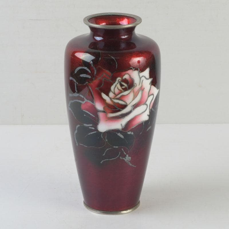 七宝焼　赤透釉　花文　花瓶　V　9900