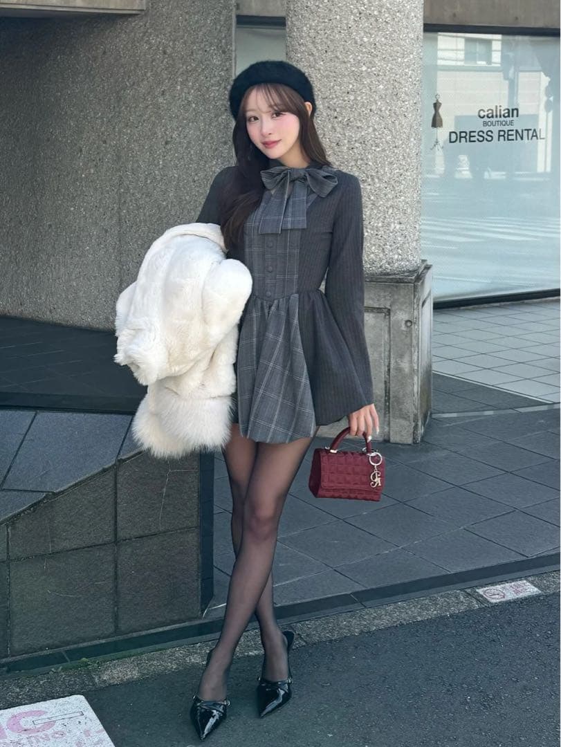 チェックストライプバルーンミニワンピース GRY FREEサイズ ノベルティ付き