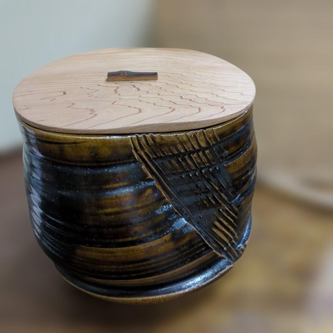 水指　木製蓋付き 瀬戸　水野双鶴　茶道具　茶道　陶器　木箱大振り