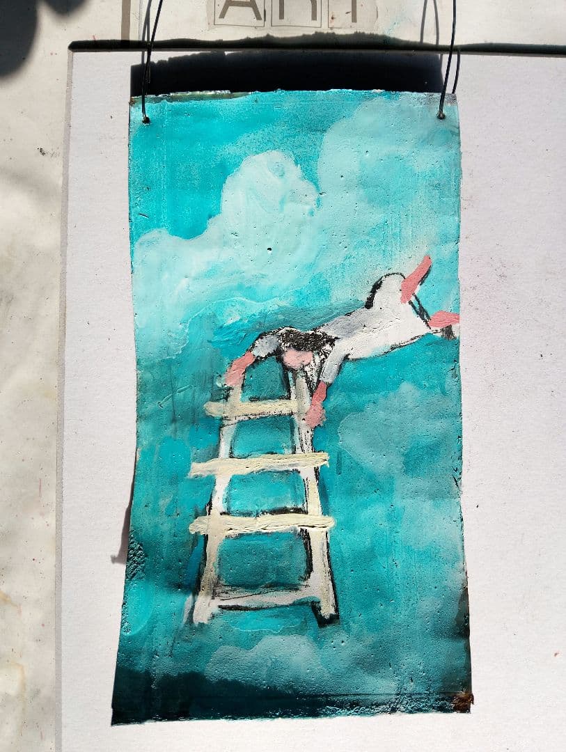 油彩画 梯子と人物のアート