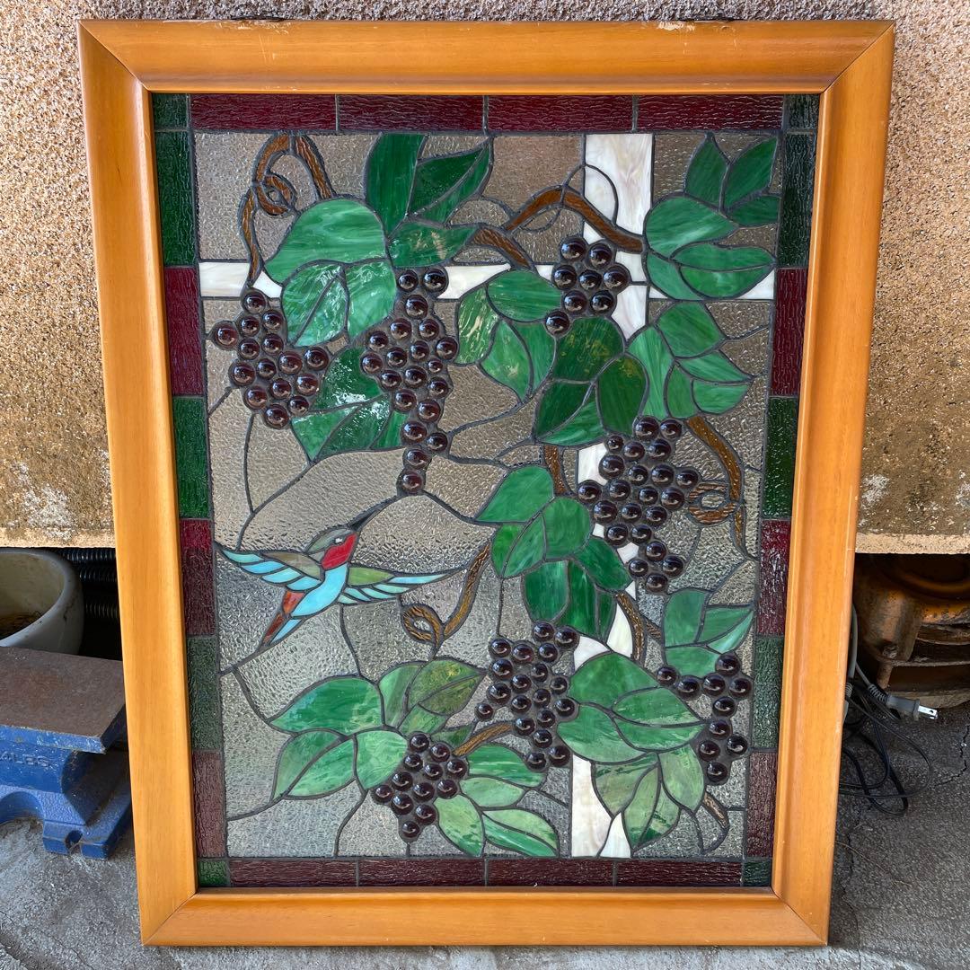 ち*ん様 ステンドグラス パネル 葡萄とカラフルな鳥 約72×57cm 壁掛け