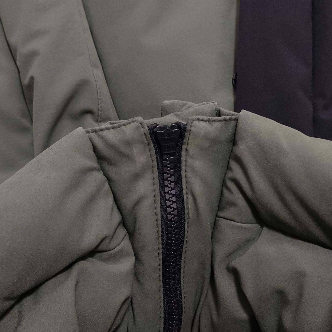 ファーストダウン　別注　パネルショートダウンジャケット　フード　カーキ　Mサイズ