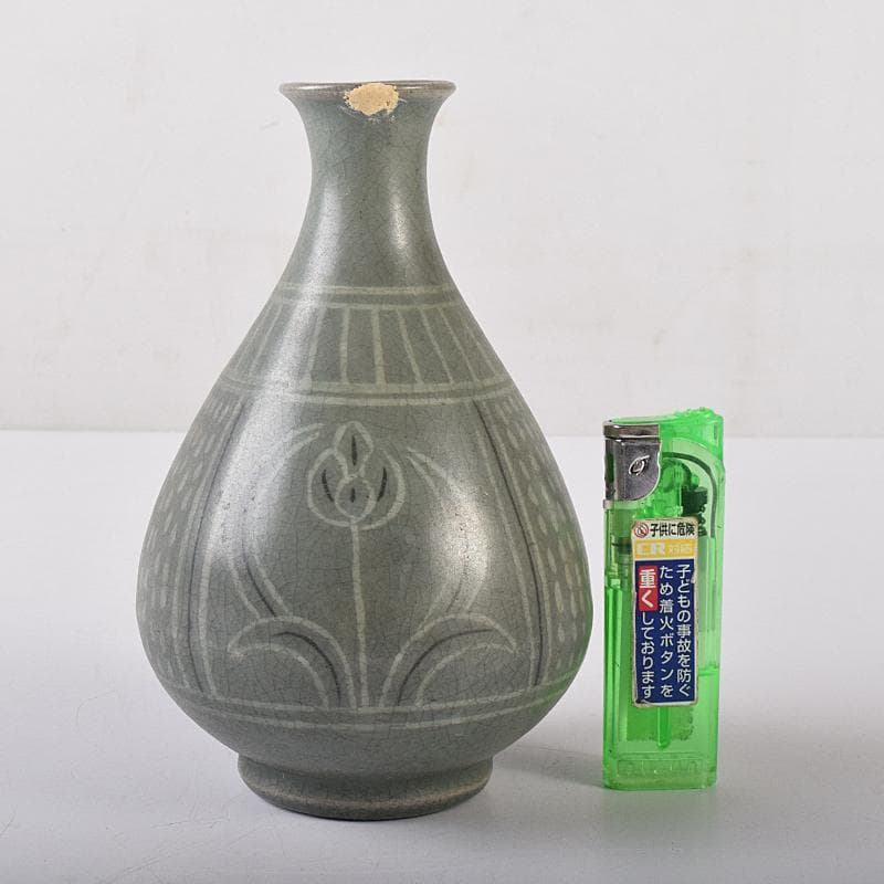 朝鮮美術　李朝　高麗青磁　象嵌花文　徳利　V　R7944