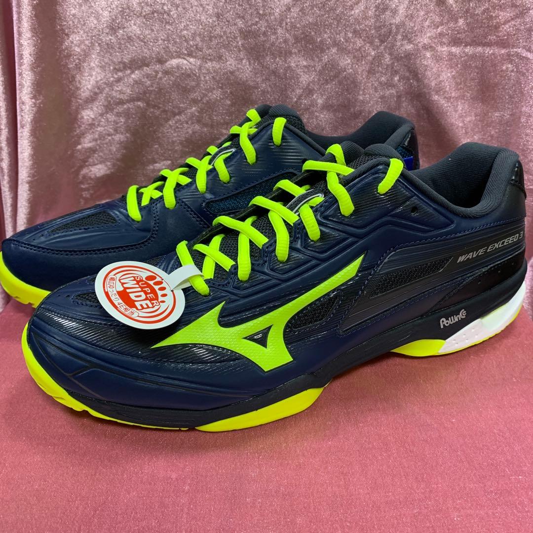 61GB191445 28.0cm ミズノ テニス シューズ ネイビー/イエロー
