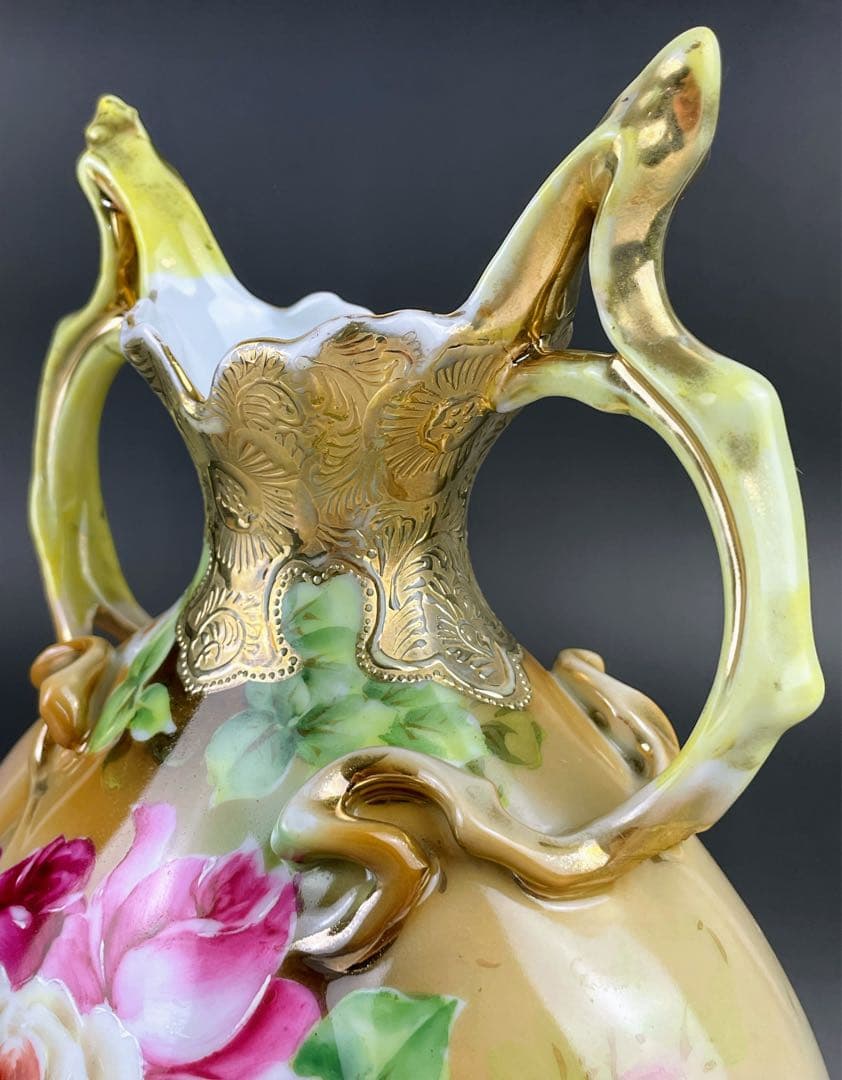 オールドニッポン ２２．８cm アールヌーボー薔薇紋 花瓶 ピッチャー 水差し