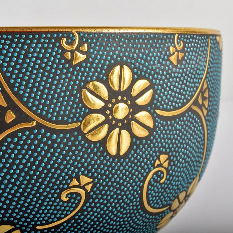 九谷焼　錦玉窯　中田錦玉造　渦打青粒唐草　細字和歌文　茶碗　共箱　F　R7709