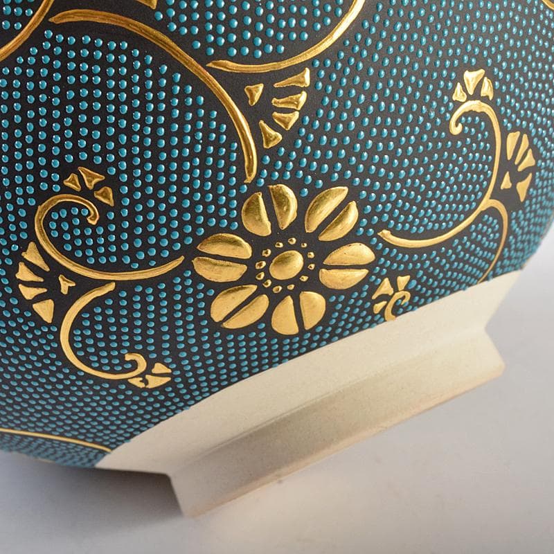 九谷焼　錦玉窯　中田錦玉造　渦打青粒唐草　細字和歌文　茶碗　共箱　F　R7709