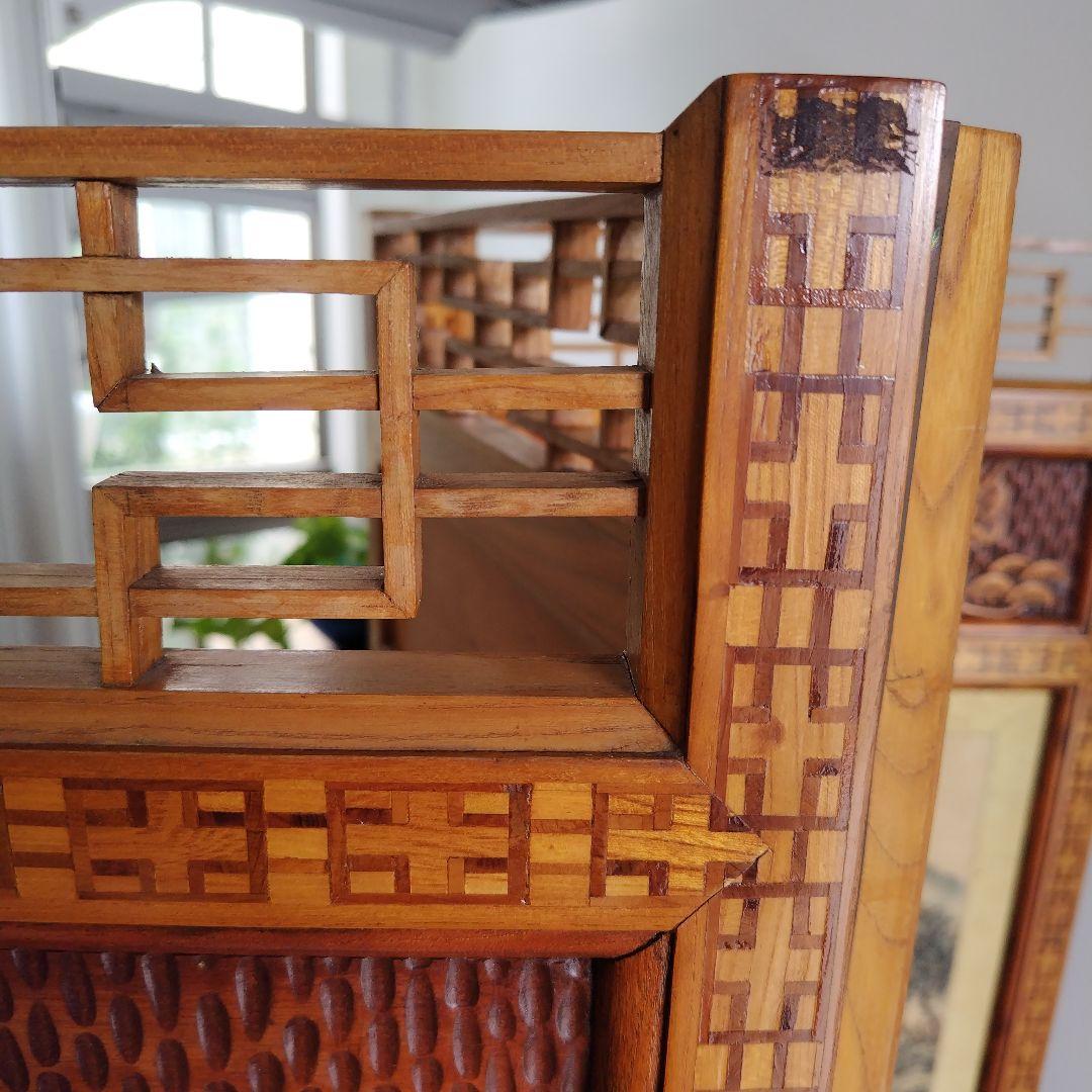 昭和レトロ当時物 美術骨董品 欅 木製衝立4面 水墨画 和モダン