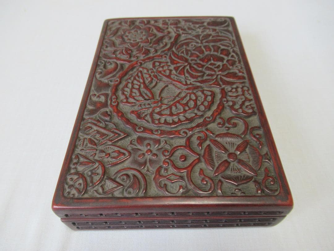 ◆希少 美品 1900年頃(清朝末期)◆剔紅/堆朱 蜀江文、蝶、燕、雷紋 硯箱