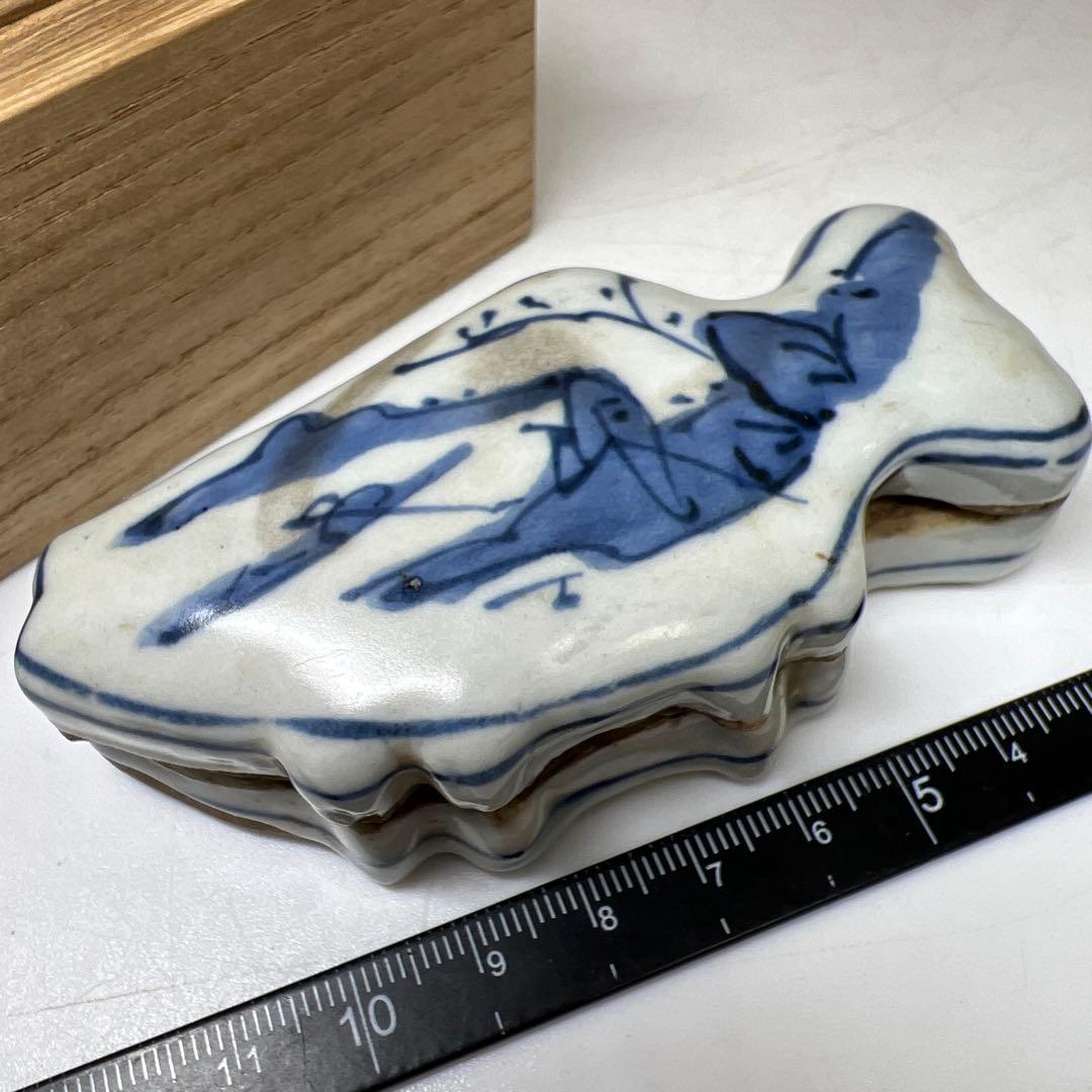 中国明時代　古染付魚文香合　木箱付　幅約9㎝　東Y8-0203①タルサ