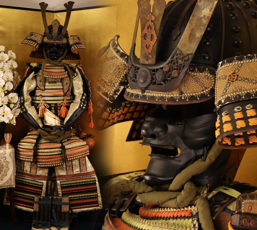 BY10　甲冑　具足　剣独鈷紋前立　黒胴当世素掛 緋縅　鎧櫃付き　等身大　武具