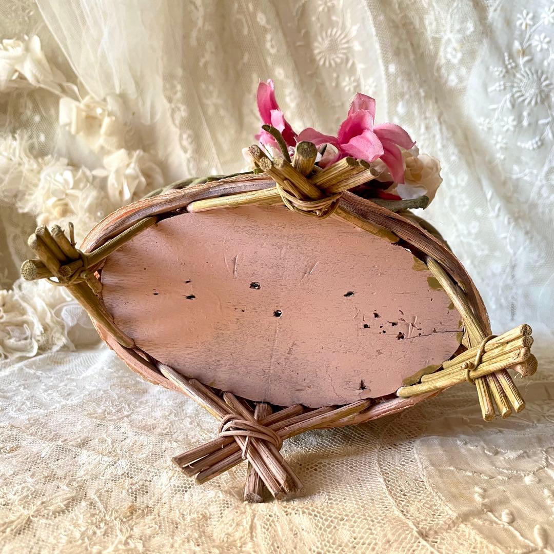 布花付きピンクドールパニエ　フランスアンティーク　かごカゴ籠　プレゼンテーション