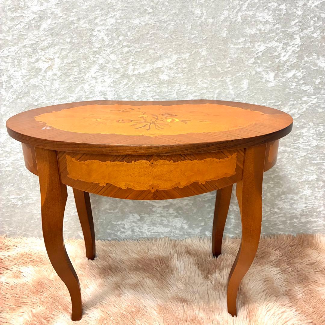 イタリア製 アンティーク調 象嵌風 サイドテーブル コーヒーテーブル ネコ脚