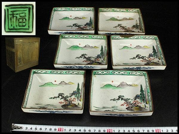 古九谷 四方 皿 六客 時代物(K-XA844)