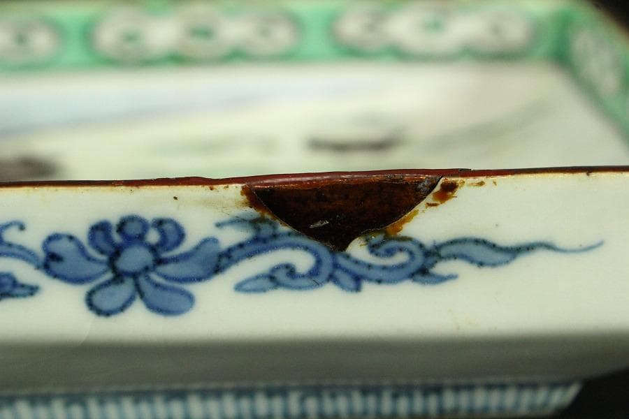 古九谷 四方 皿 六客 時代物(K-XA844)