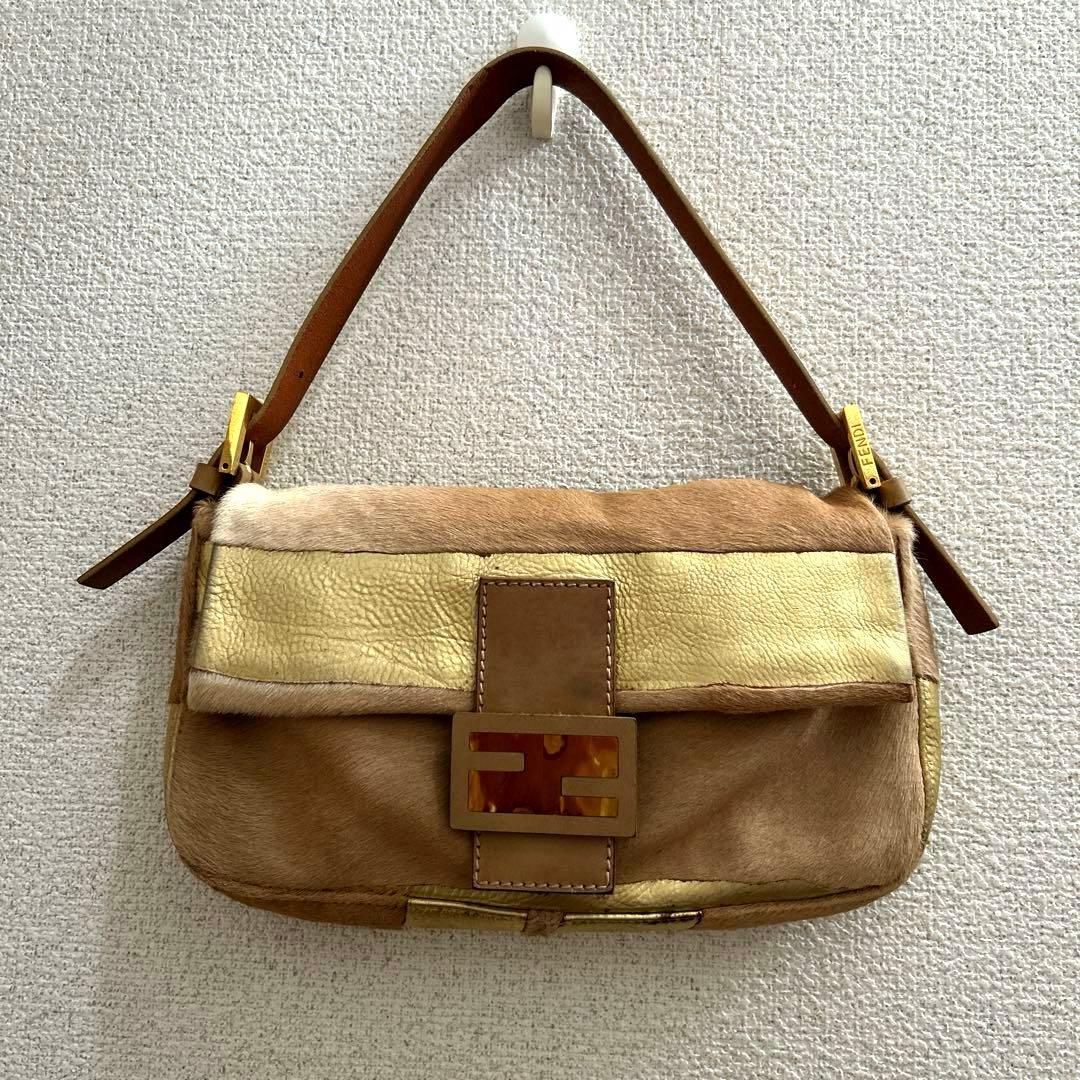 希少✨ FENDI フェンディ バゲット ハンドバッグ ハラコ×ゴールドレザー