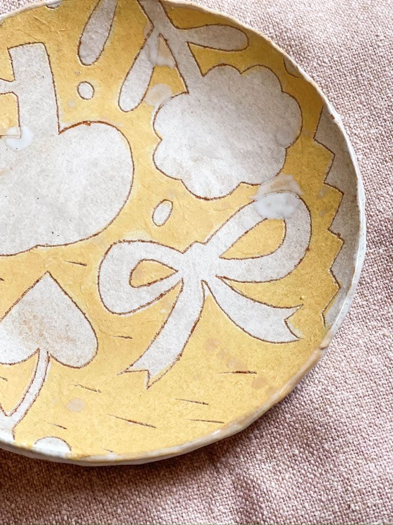 未使用【鹿児島睦】りんごと花 リボン プレート 黄 16.5cm｜限定・個展作品