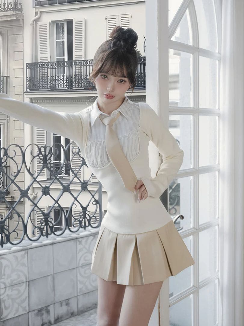 Darich ネクタイシャツドッキングニットミニワンピース BEG