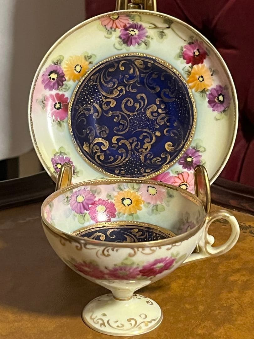 オールドノリタケ　金彩　総柄　高脚カップソーサー　花柄