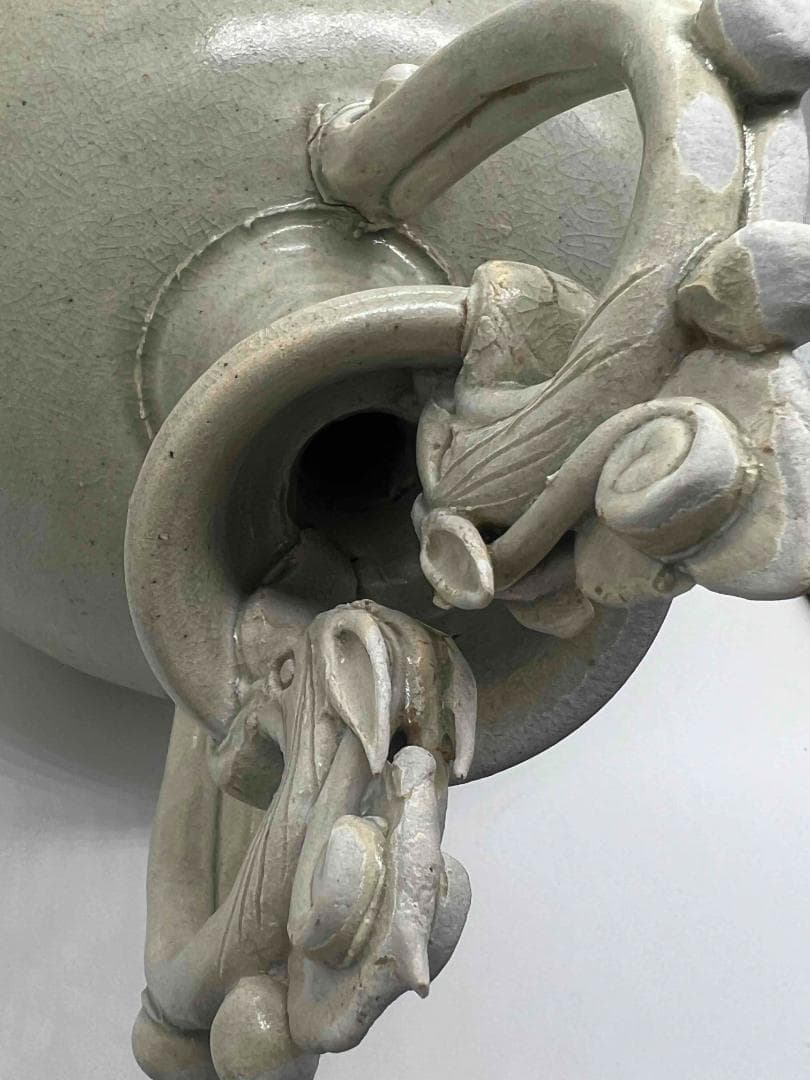 唐時代 白磁双龍耳大尊 巩県窯白瓷 【旧家旧蔵】　希少貴重　花入(B-68)