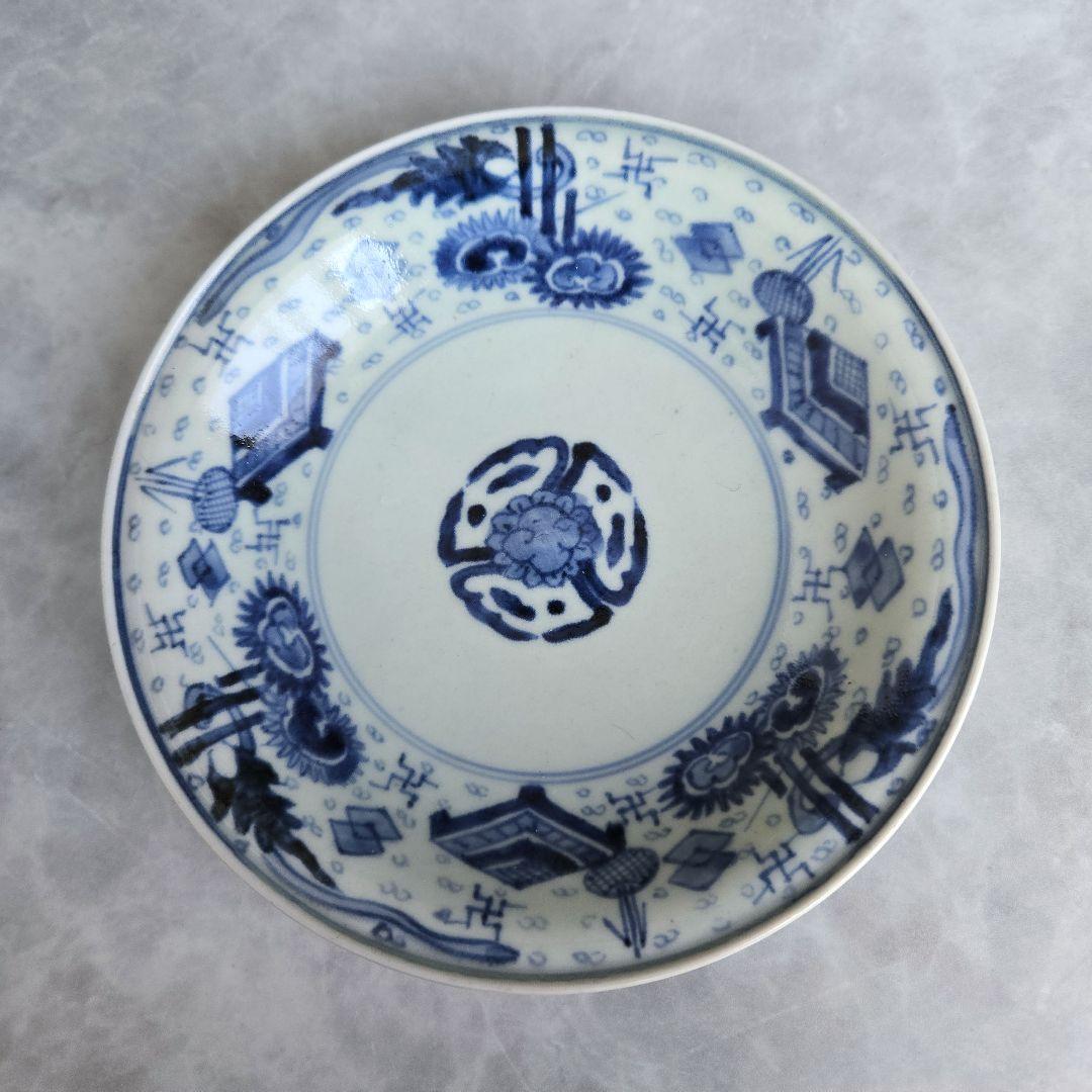 古伊万里　染付　五寸皿　江戸時代　骨董　アンティーク　碁盤　宝尽くし　金継ぎ