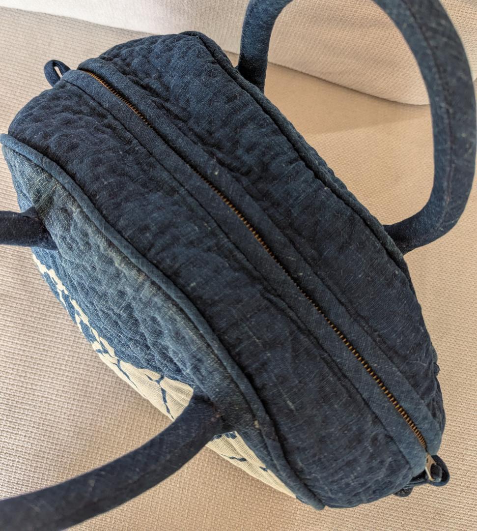 古布 藍染 手作り ハンドバッグ ヴィンテージ 37cm Indigo 菊紋