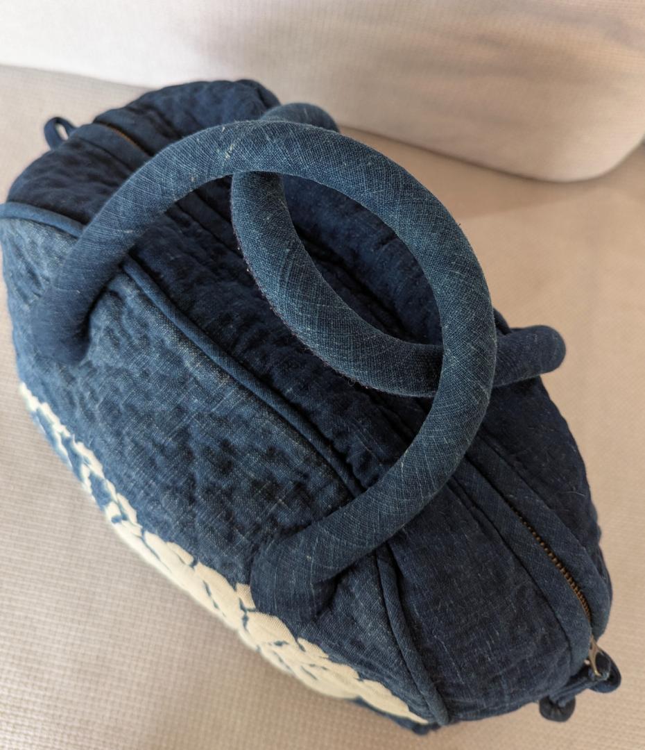 古布 藍染 手作り ハンドバッグ ヴィンテージ 37cm Indigo 菊紋