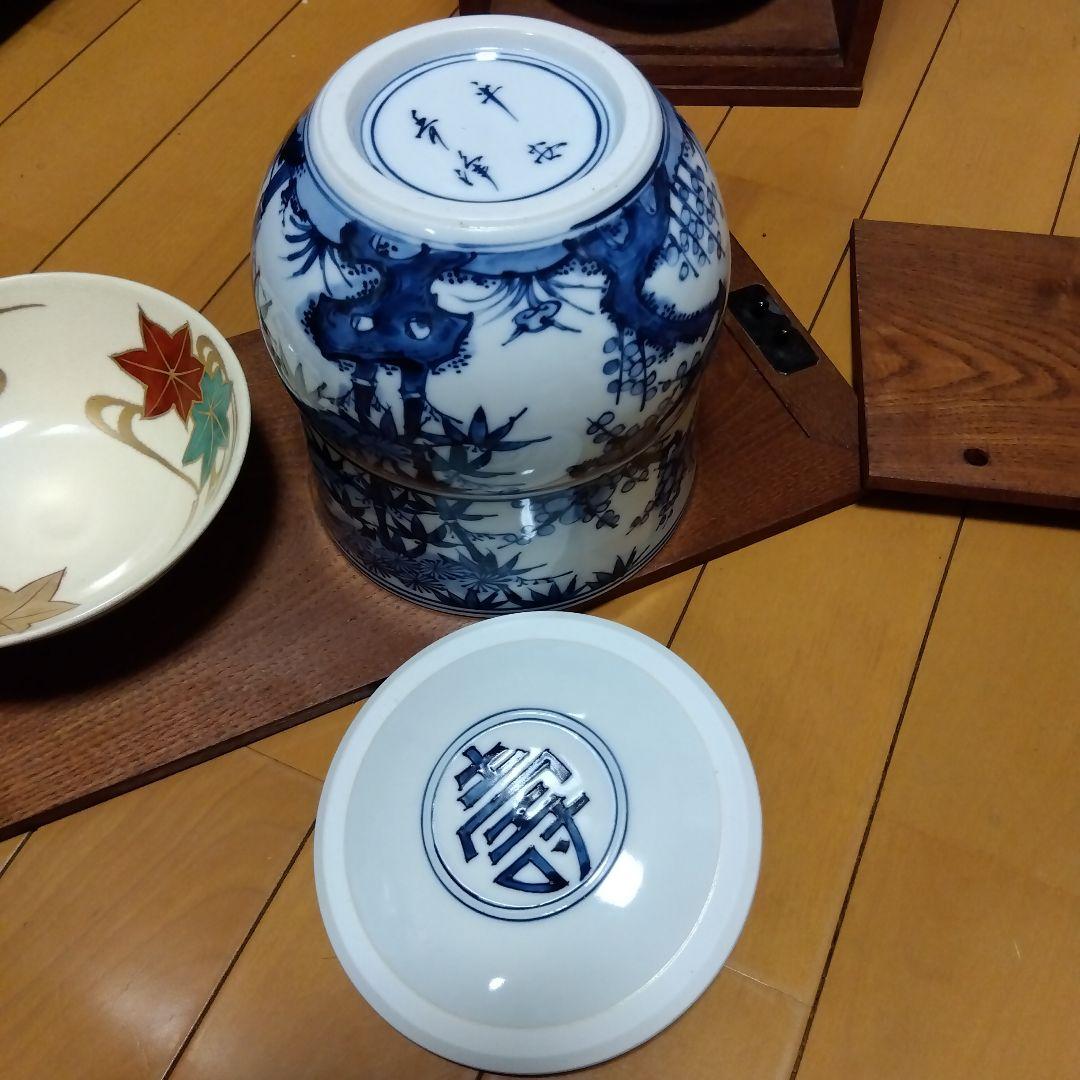 木製茶道具箱セット 　黒茶碗　水指染付