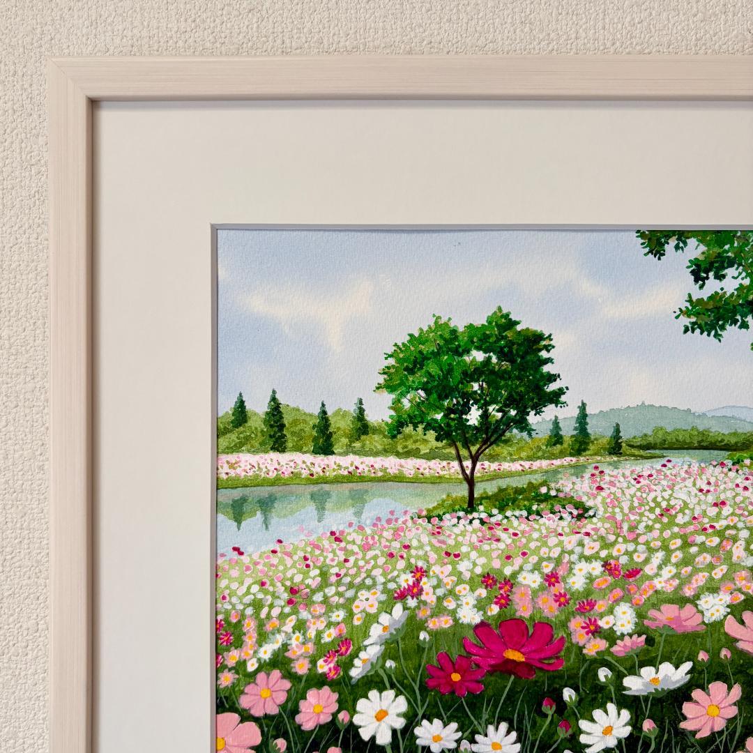 透明水彩画　原画　「コスモスの川辺」額縁付き　F4サイズ　風景画