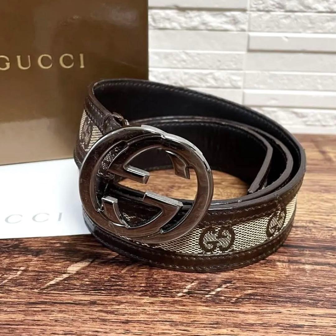 グッチ GG インターロッキング バックル キャンバス×レザー ベルト