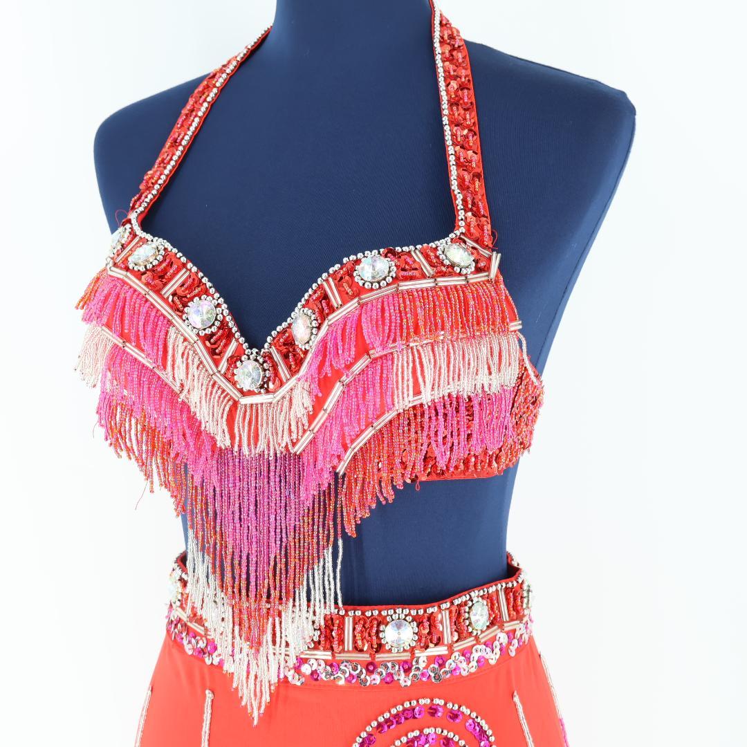 【ベリーダンス用 オリエンタル衣装】レッド スパンコールラメ多数 赤 ビーズ