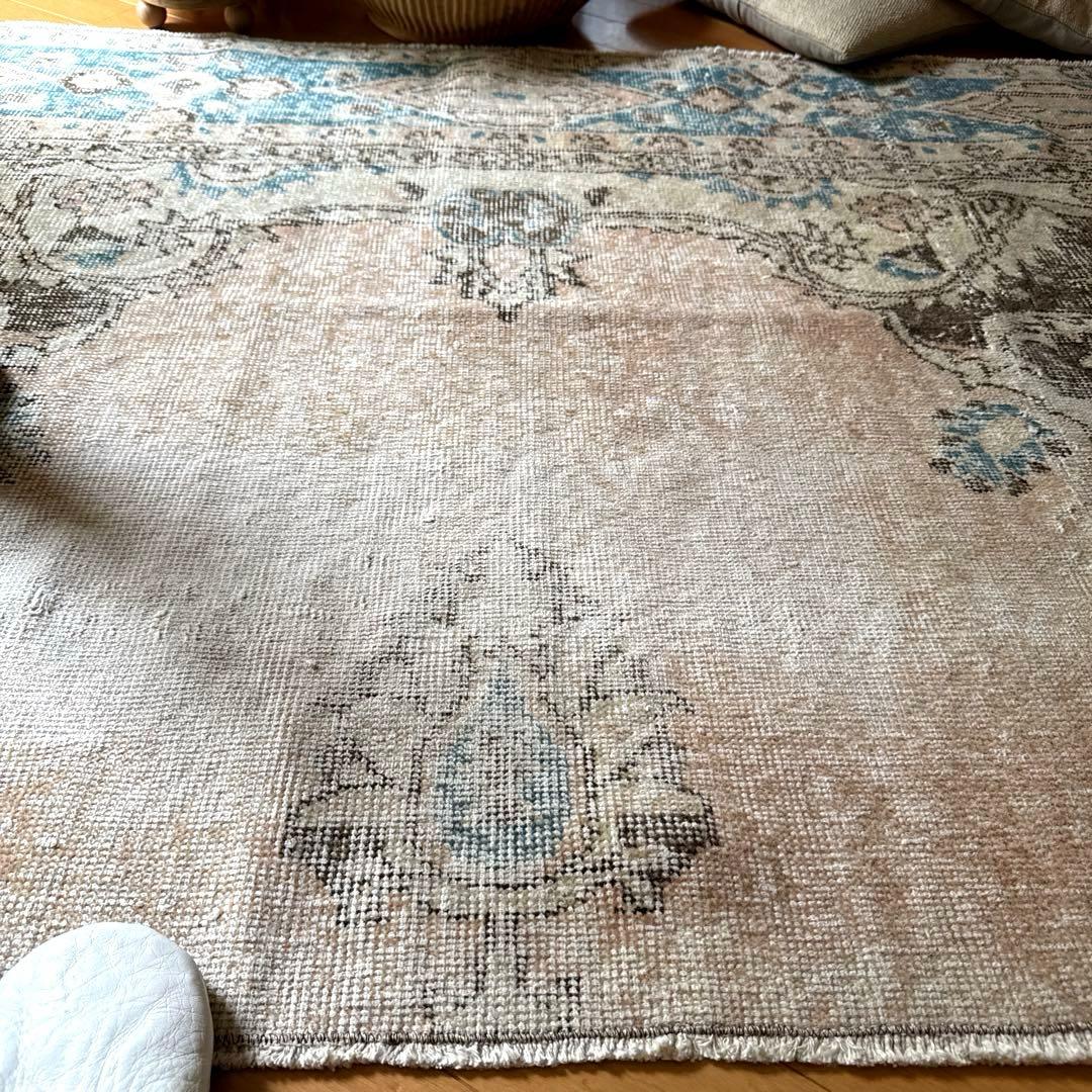 106×141 ターコイズブルー×ブラウン　淡いベージュ　トルコヴィンテージラグ