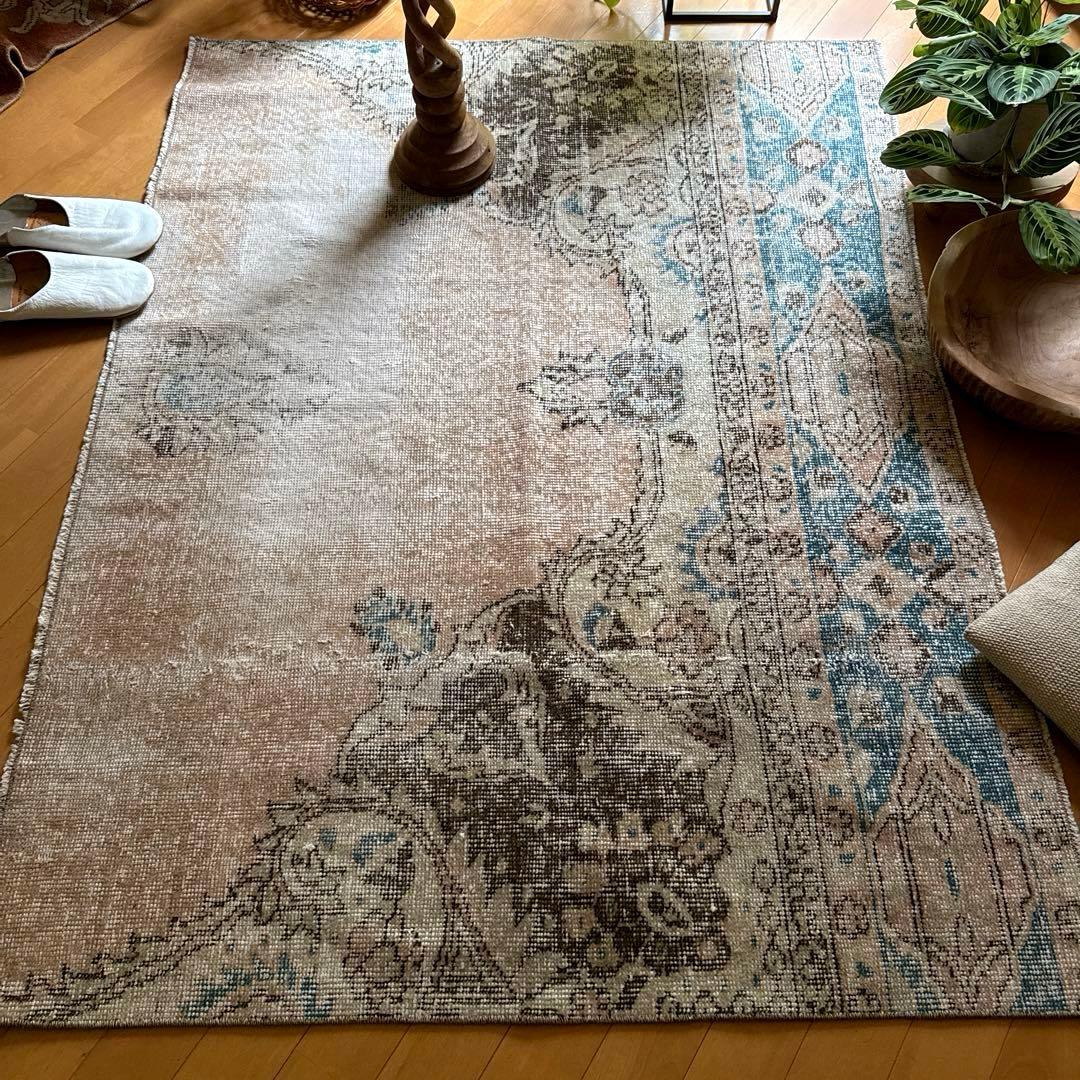 106×141 ターコイズブルー×ブラウン　淡いベージュ　トルコヴィンテージラグ
