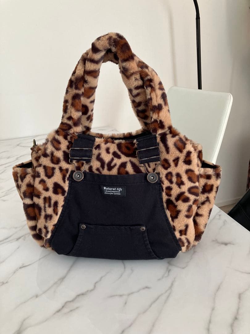 998 なしあめ　大きめヒョウ柄ふんわりデニムリメイクバック　2点