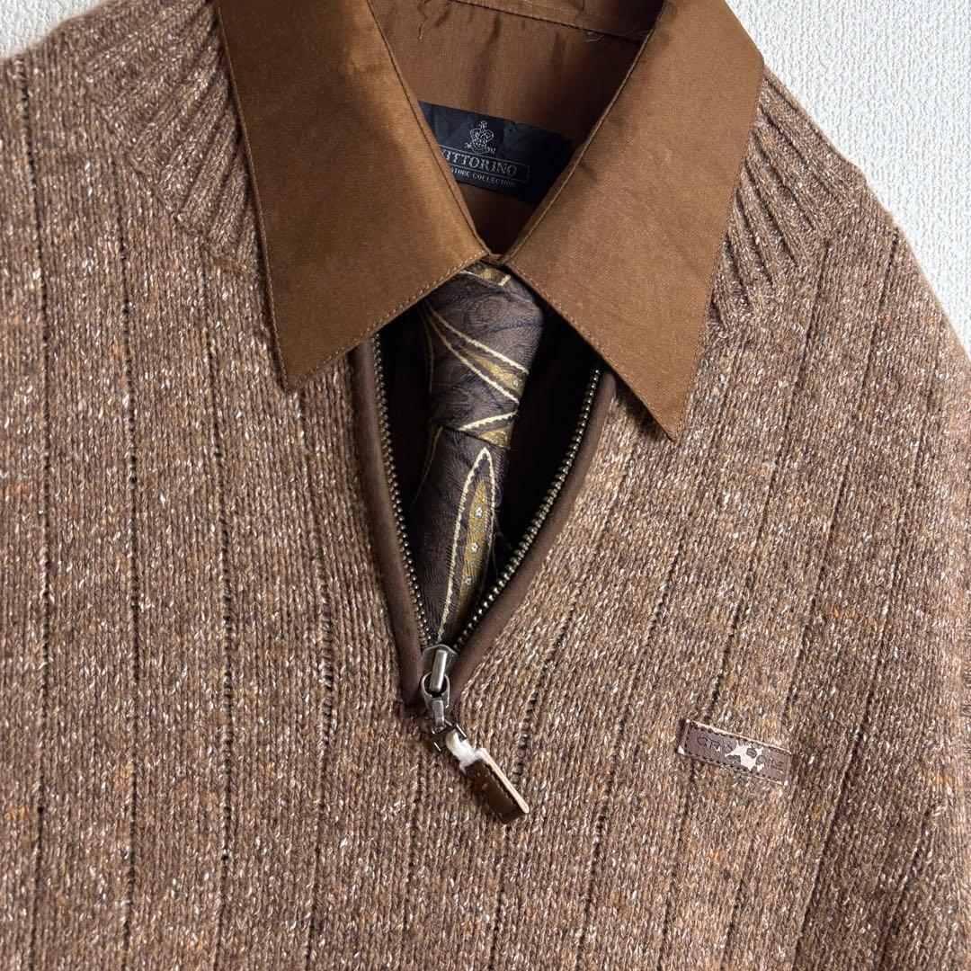 ネクタイシャツニットベスト　シルク　ペイズリー　ワッペン　襟切替　太アーム　古着