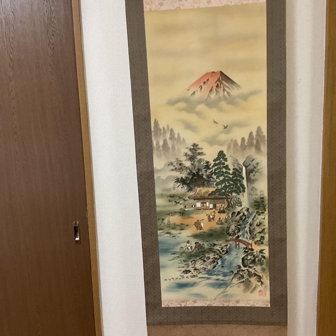 月 庵 筆 絹本彩色画 祝い軸 【七福神に富士図 】 軸先紫檀