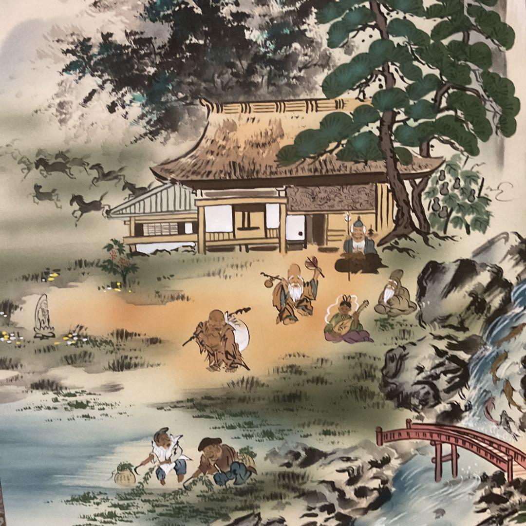 月 庵 筆 絹本彩色画 祝い軸 【七福神に富士図 】 軸先紫檀
