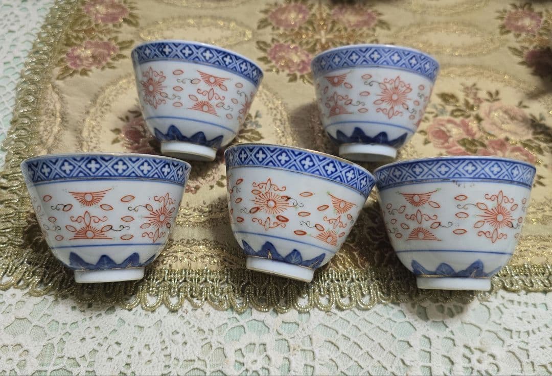 中国 景徳鎮 蛍焼 5客 赤絵 金彩 透かし 茶碗 玩玉 蛍手茶碗 5個セット