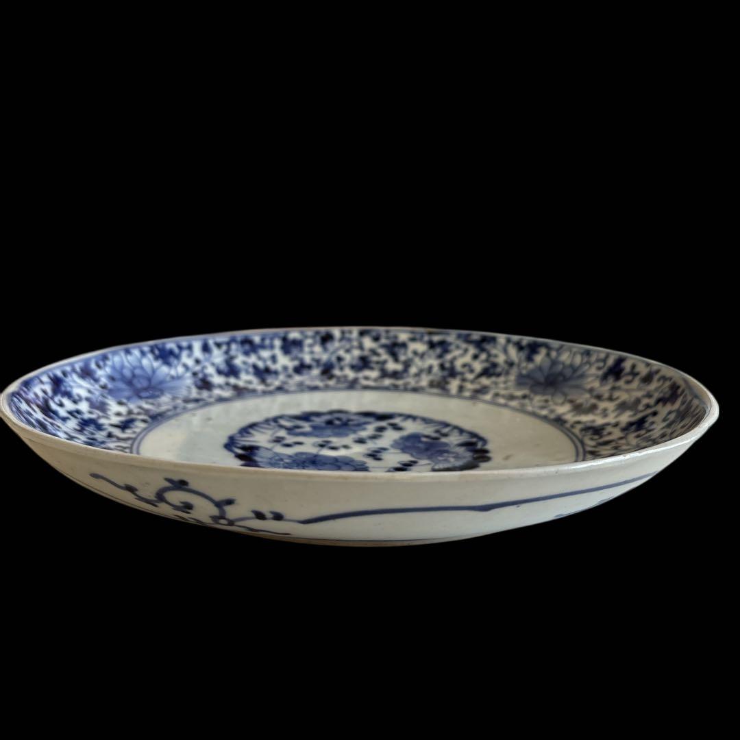 伊万里 有田 染付 印判 大皿 花唐草 見返し唐草 見込花丸 牡丹菊 二重圏線